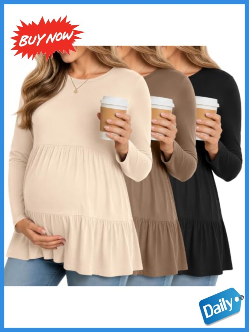 3 Pack Maternity Shirts Long Sleeve Peplum Babydoll Tops Relaxed Fit